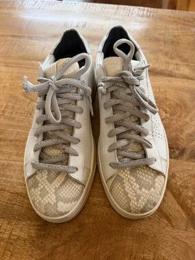 P448 Women's White and Beige Snake-Print Sneakers